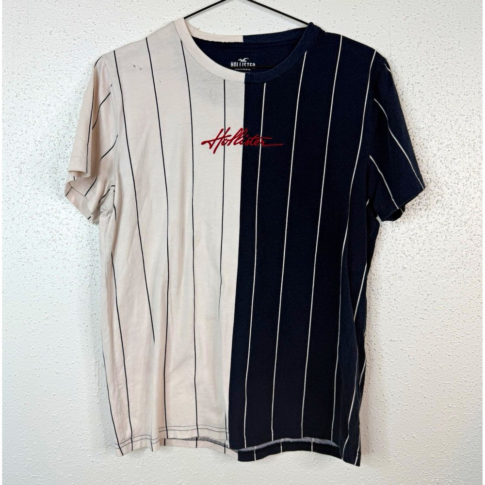 Hollister Men's Navy/White Striped Logo Graphic T-Shirt Size M Cotton Crew